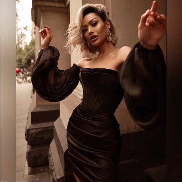 House of CB ‘Beau’ Black Satin and Chiffon Corset Dress NWOT - Picture 5 of 14